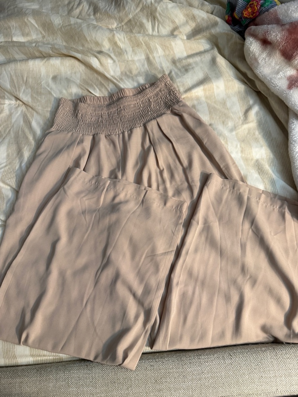 SHEIN Taupe Wide Leg Pleated Jumpsuit Pants with Smocked Waist